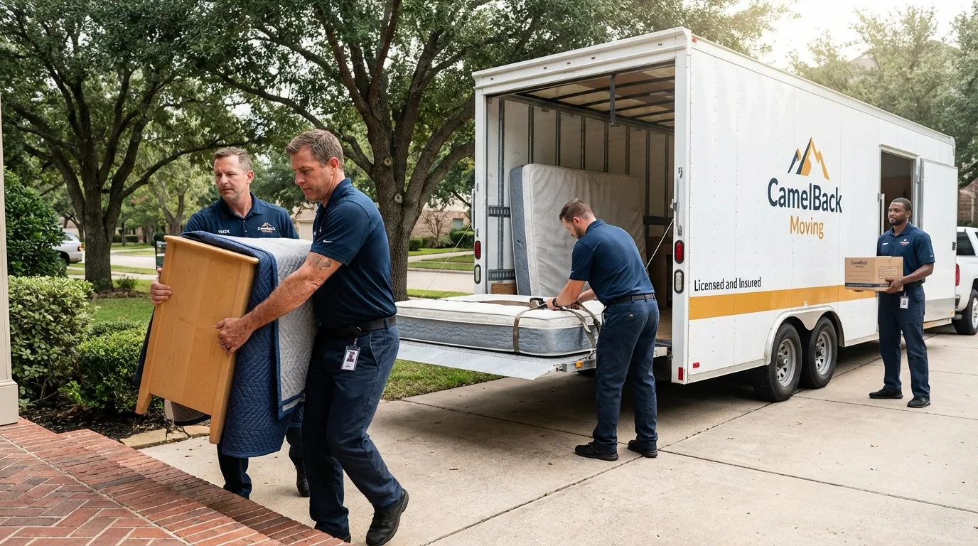 Crew loading residential truck for cross-state move from Girard, IL