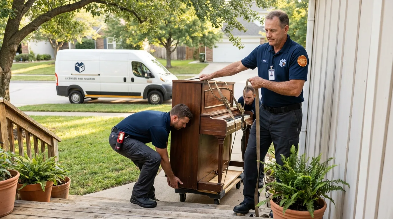 Licensed piano movers securing grand piano in Girard, IL