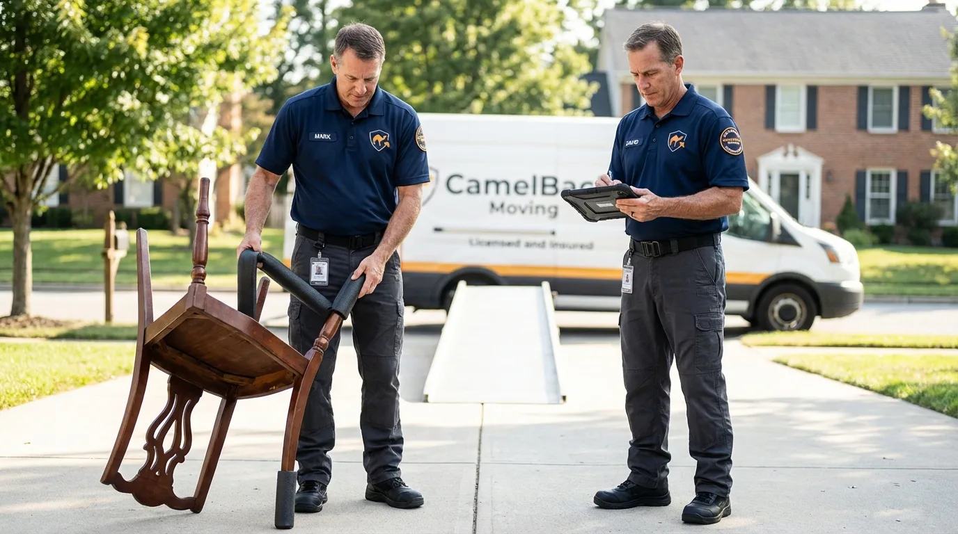 Movers inspecting furniture for damage prevention before loading in Girard, IL