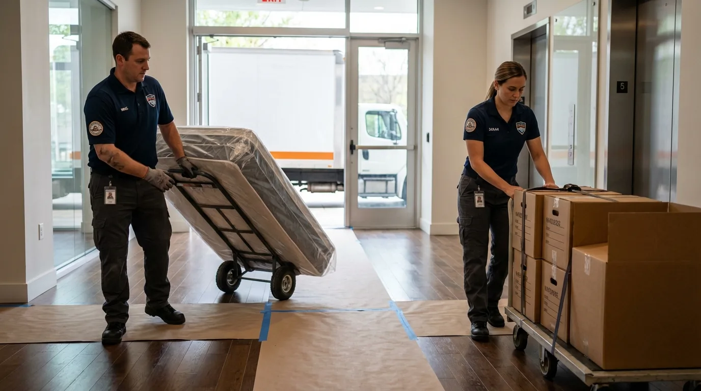 Professional apartment movers loading elevator in Girard, IL