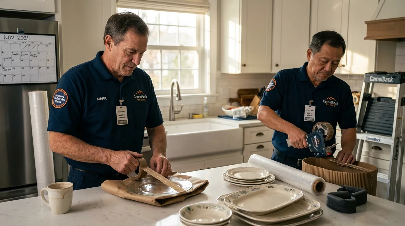 Professional crew packing kitchen dishware in Girard, IL